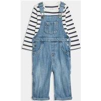 M&S 2pc Pure Cotton Denim Dungaree Outfit (0-3 Yrs) Dark Denim