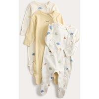 M&S 3 Pack Pure Cotton Dinosaur Print Sleepsuits (0 Mths-3 Yrs) Ivory Mix