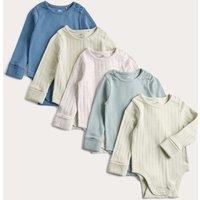 M&S 5 Pack Cotton-Rich Rib Long Sleeve Bodysuits (0-3 Yrs) Green Mix