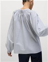 Pure Cotton Striped Tie Neck Blouse