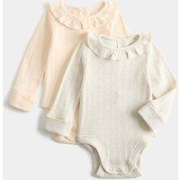 M&S 2 Pack Pure Cotton Frill Long Sleeve Bodysuits (0-3 Yrs) Neutral