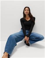 Cotton Rich Ribbed Plain V-Neck Slim Fit Top