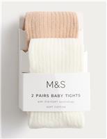 M&S 2 Pack Cotton Rich Ribbed Tights (0-3 Yrs) Neutral