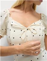 Polka Dot Tie Front Puff Sleeve Top