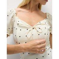 M&S Polka Dot Tie Front Puff Sleeve Top White Mix