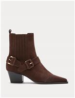 Suede Buckle Block Heel Chisel Toe Ankle Boots