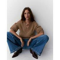 Ribbed V-Neck Puff Sleeve Jumper with Wool