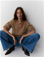 Ribbed V-Neck Puff Sleeve Jumper with Wool