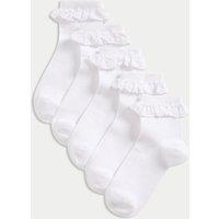 M&S 5 Pack Cotton Rich Broderie Frill School Socks White