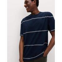 M&S Pure Cotton Striped Relaxed Crew Neck T-Shirt Navy