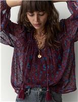 Sheer Chiffon Printed Metallic Tie Neck Top