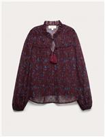 Sheer Chiffon Printed Metallic Tie Neck Top