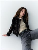 Velvet Embellished Collarless Jacket