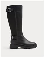 Leather Double Buckle Knee High Boots