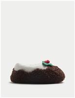 Kids Christmas Pudding Faux Fur Slippers (9 Small - 7 Large)