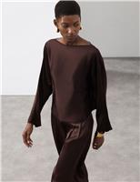 Satin Draped Slash Neck Blouse