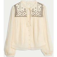 Beaded Yoke Tie Neck Blouson Sleeve Blouse
