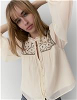 Beaded Yoke Tie Neck Blouson Sleeve Blouse