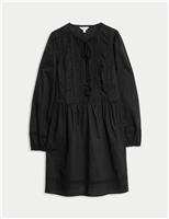 Pure Cotton Tie Neck Pleated Mini Dress