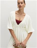 V-Neck Shirred Mini Beach Dress With Linen