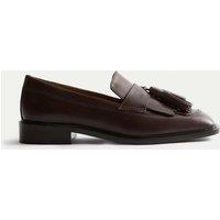 JAEGER Leather Fringe Tassel Block Heel Loafers Brown