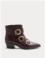 Leather Croc Buckle Block Heel Ankle Boots