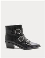 Leather Croc Buckle Block Heel Ankle Boots