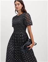 Metallic Spot Print Midi Waisted Dress