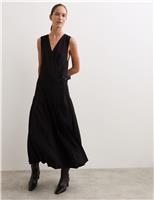 Wool Blend V-Neck Pleated Midaxi Dress