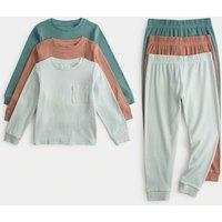 M&S 3 Pack Cotton with Stretch Ribbed Pyjama Sets Blue Mix