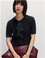 Textured Crew Neck Tie Fastening Cardigan