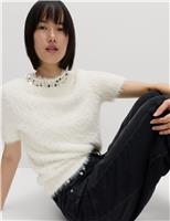 Embellished Crew Neck Fitted Knitted Top