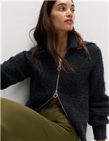 Boucl Zip Up Collared Knitted Jacket with Wool