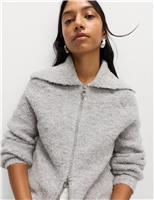 Boucl Zip Up Collared Knitted Jacket with Wool
