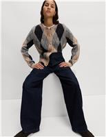 Argyle Crew Neck Cardigan With Wool