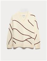 Merino Wool Embroidered Stripe V-Neck Jumper