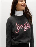 Embellished Slogan Crew Neck Jumper with Wool