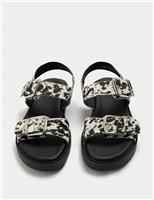 Leather Cow Print Double Buckle Flatform Sandals