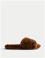 M&S Faux Fur Leopard Print Open Toe Mule Slippers Brown Mix