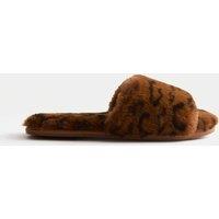 M&S Faux Fur Leopard Print Open Toe Mule Slippers Brown Mix