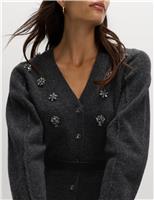 Embellished V-Neck Cardigan with Wool
