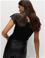 M&S Pure Cotton Lace Insert V-Neck Top Black