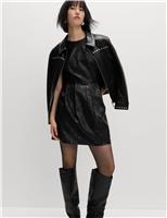Faux Leather Embossed Crew Neck Mini Smock Dress