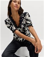 Floral V Neck Bow Lace Detail Top