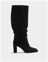 Suede Ruched Block Heel Knee High Boots