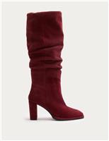 Suede Ruched Block Heel Knee High Boots