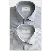 M&S 2 Pack Regular Fit Easy Iron Striped Shirts Green Mix