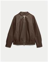 M&S Faux Leather Aged Collared Bomber Jacket Brown