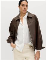 Faux Leather Aged Collared Bomber Jacket