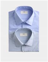 M&S 2 Pack Regular Fit Easy Iron Cotton Blend Shirts Blue Mix